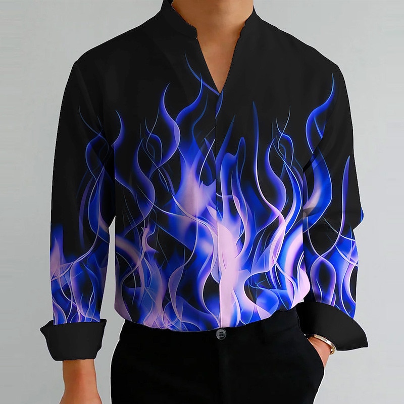 Men's Flame Shirt Button Up Shirt Long Sleeve Fashion Streetwear Designer Outdoor Casual Daily Summer Fall V Neck Print Red Purple