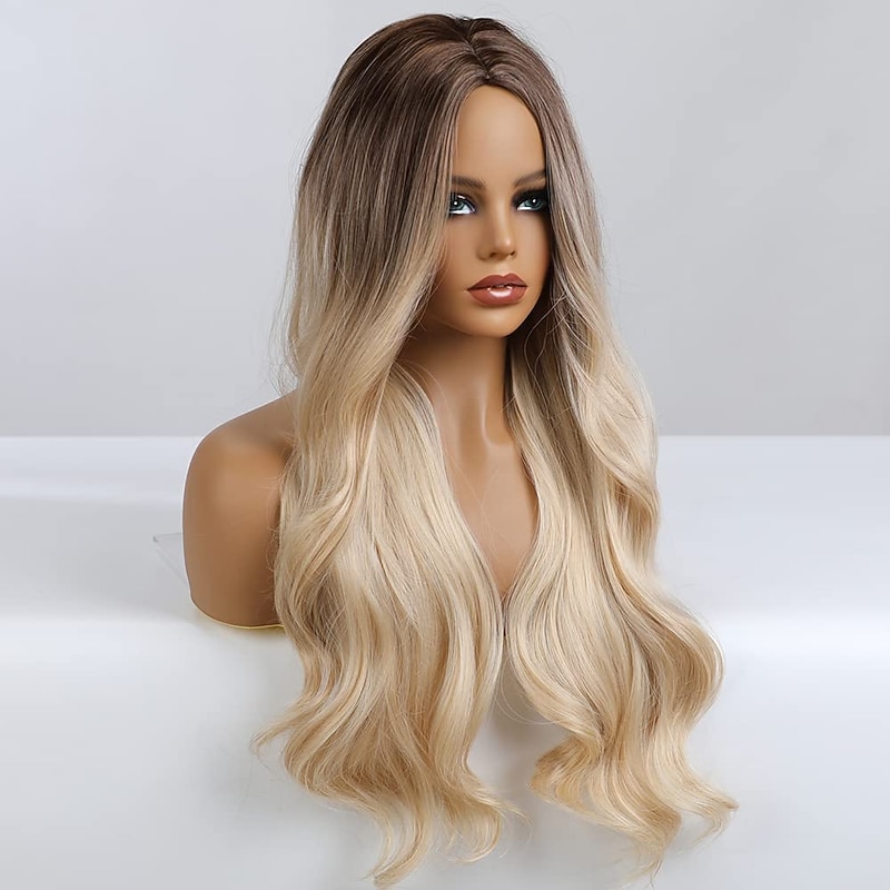 Blonde Brown Wavy Body Wave Full Wig Hair for Women Lady Girl Middle Part 26 inches Heat Resistant Synthetic Natural Looking Wig Daily Any Time Cosplay Party3
