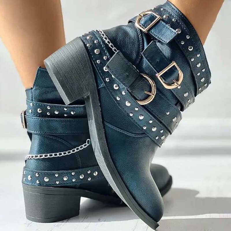 Women's Studded Biker Ankle Boots with Buckle Straps and Chain, Punk Rock Motorcycle Boots for Casual Streetwear and Concert Outfits3