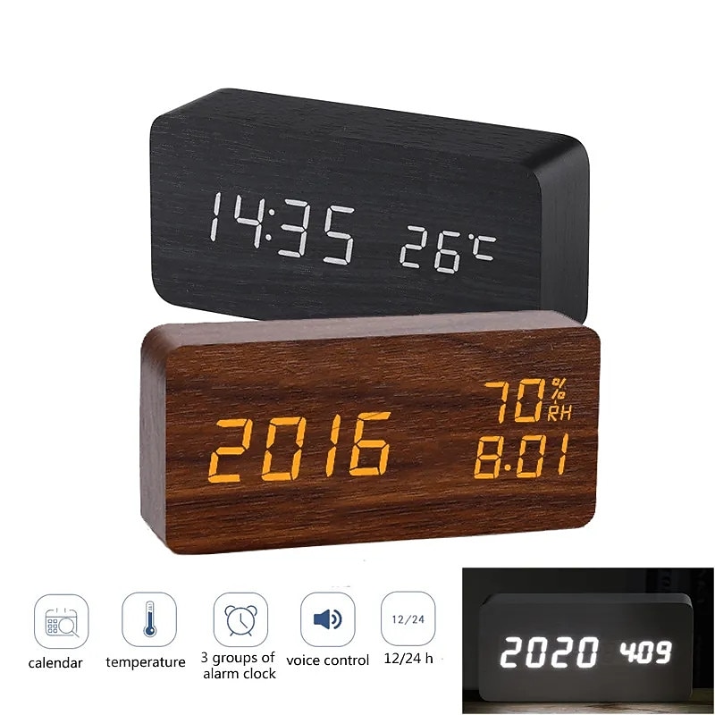 Wooden Alarm Clocks LED Digital Clock Electronics Mute Snooze Horloge Temperature and Humidity Display Desk Bedroom Decoration3