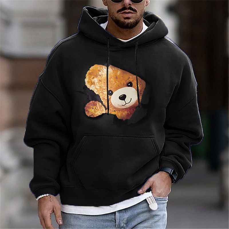 Men's Bear Graphic Prints Streetwear Designer Long Sleeve Hooded Daily Sports Black White Print Spring &  Fall Designer