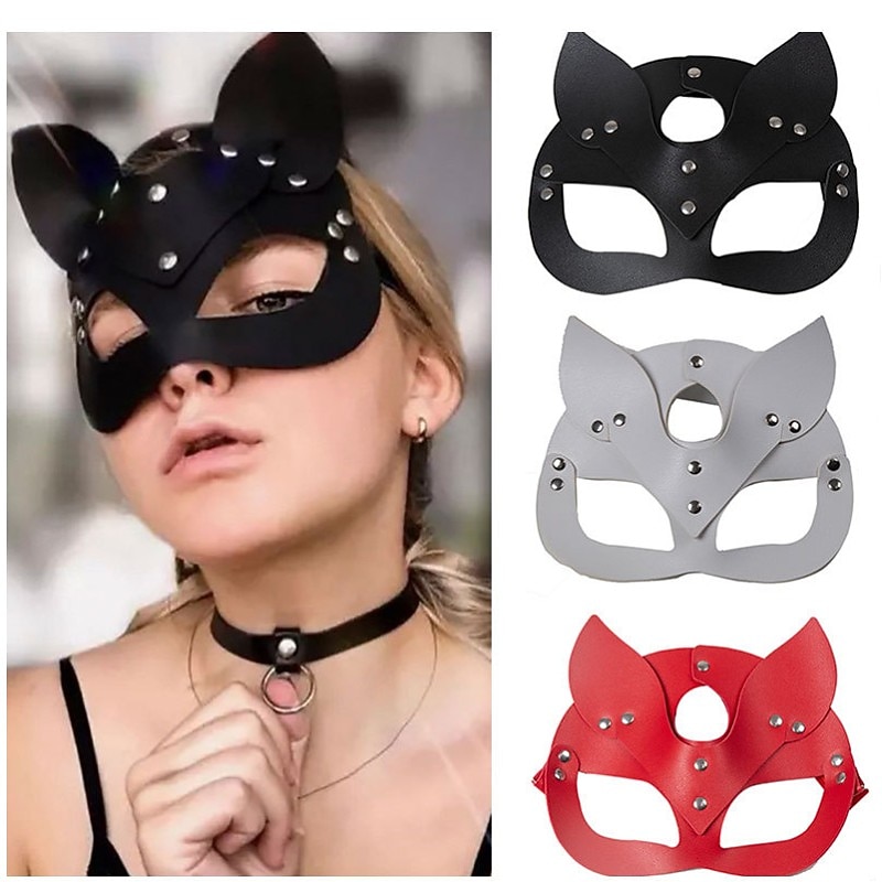 Feminine Sexy Half Face Fox Role-playing Cat Skin Mask Rivet Punk Collar Halloween Party Makeup Ball Fancy Mask PU Skin Fox Mask Nightclub Party Makeup Ball Men And Women Mask Eye Mask Fun