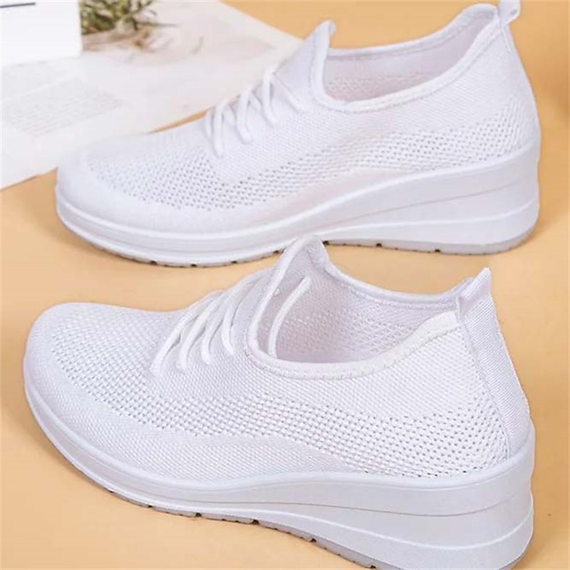 Women's Sneakers Height Increasing Shoes Outdoor Daily Solid Color Summer Wedge Heel Round Toe Sporty Casual Comfort Running Walking Tissage Volant Elastic Band Black White Apricot4