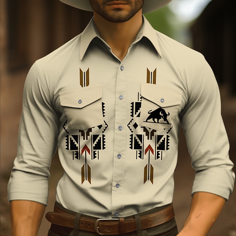 Men's Tribal Graphic Prints Vintage Shirt Western Shirt Cowboy Shirt Long Sleeve Fashion Streetwear Designer Outdoor Daily Fall & Winter Turndown Print Blue Khaki2