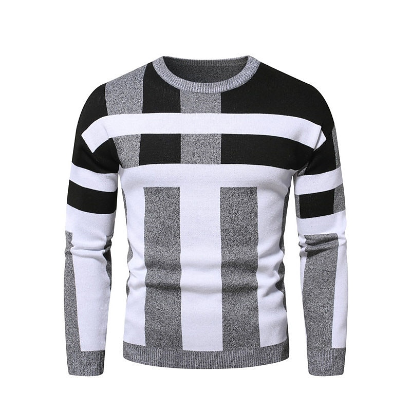 Men's Plaid Stripe Pullover Sweater Jumper Knitwear Crew Neck Fashion Streetwear Designer Vacation Daily Wear Going out Knitted Print Long Sleeve Fall & Winter Gray