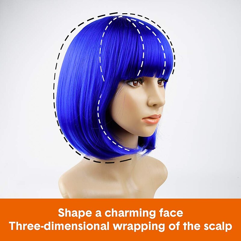 Blue Bob Wig With Bangs 12 Inch Royal Blue Wig Short Synthetic Fiber Bob Wigs for Women Short Bob Wigs and Halloween Cosplay Bob Wig4
