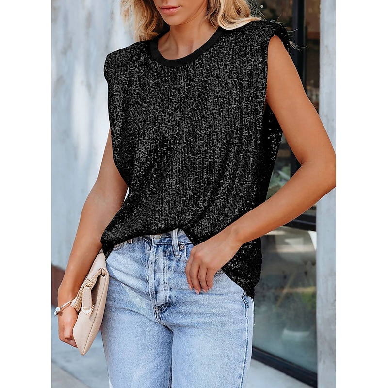 Women's Camisole Tank Top Plain Sparkly Fashion Sleeveless Round Neck Regular Tops Casual Sequins Silver Black Pink Fuchsia Gold Summer