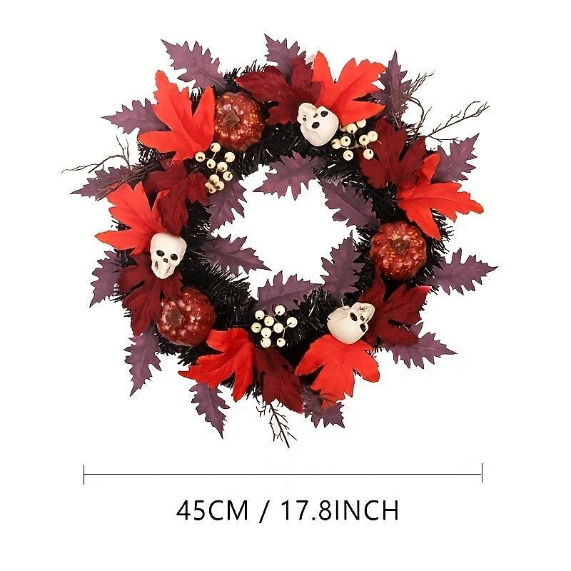 Halloween Skull Pvc With Lights Wreath Artificial Fall Wreath With Maple Leaf Pumpkin Berries, Thanksgiving Wall Garden Hanging Decoration 17.8 Inch Halloween Skull Wreath Horror Wreath Halloween Prop Decoration3
