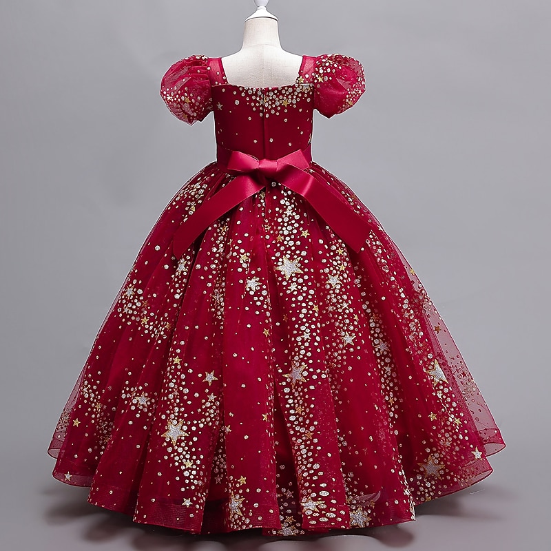 Kids Girls' Dress Party Dress Polka Dot Star Flower Short Sleeve Wedding Special Occasion Birthday Mesh Puff Sleeve Fashion Adorable Elegant Polyester Mesh Maxi Party Dress Swing Dress Floral2