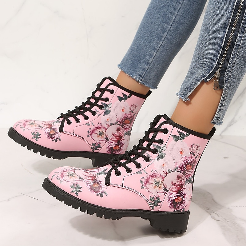 Women's Floral Pink Combat Boots - Stylish and Comfortable for Casual Outings and Everyday Wear2