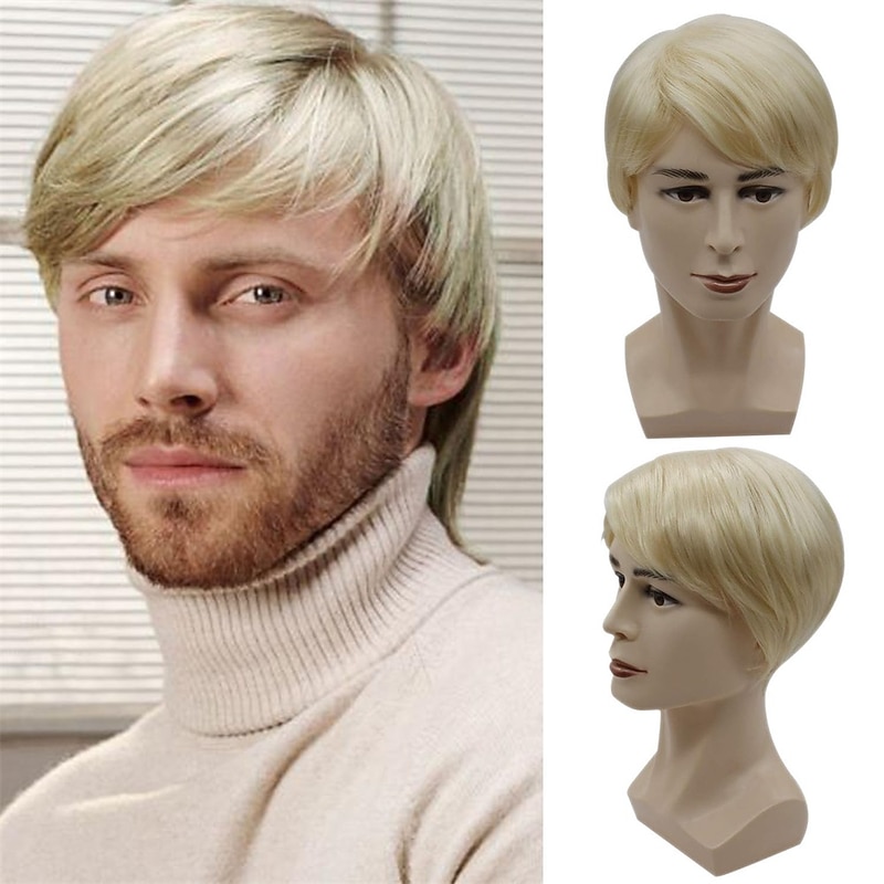 Men Wig Short Blonde Golden Straight Handsome Synthetic Hair Wigs for Carnival Party2