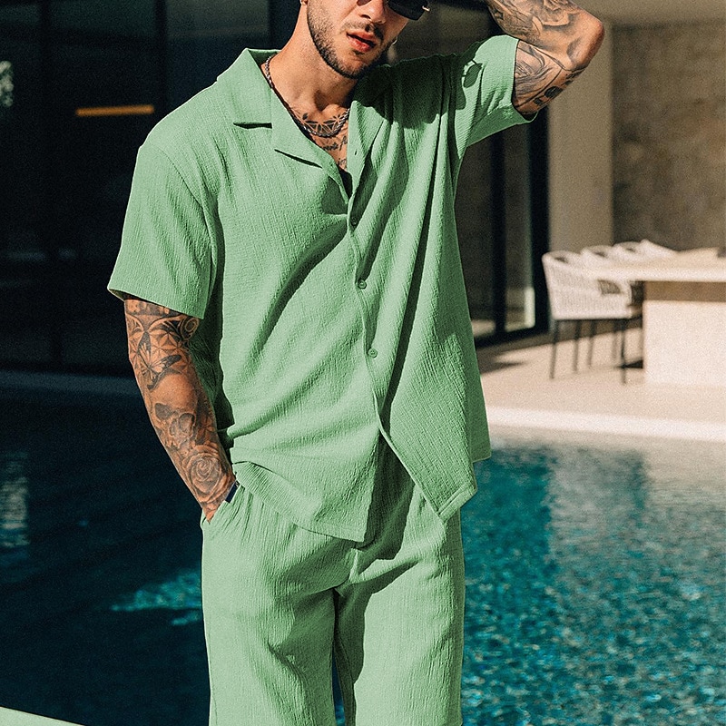 Men's 2 Piece Shirt Set Button Up Shirt Casual Shirt Summer Shirt Black Blue Green Short Sleeve Plain Camp Collar Daily Vacation 2 Piece Clothing Apparel Fashion Casual Comfortable