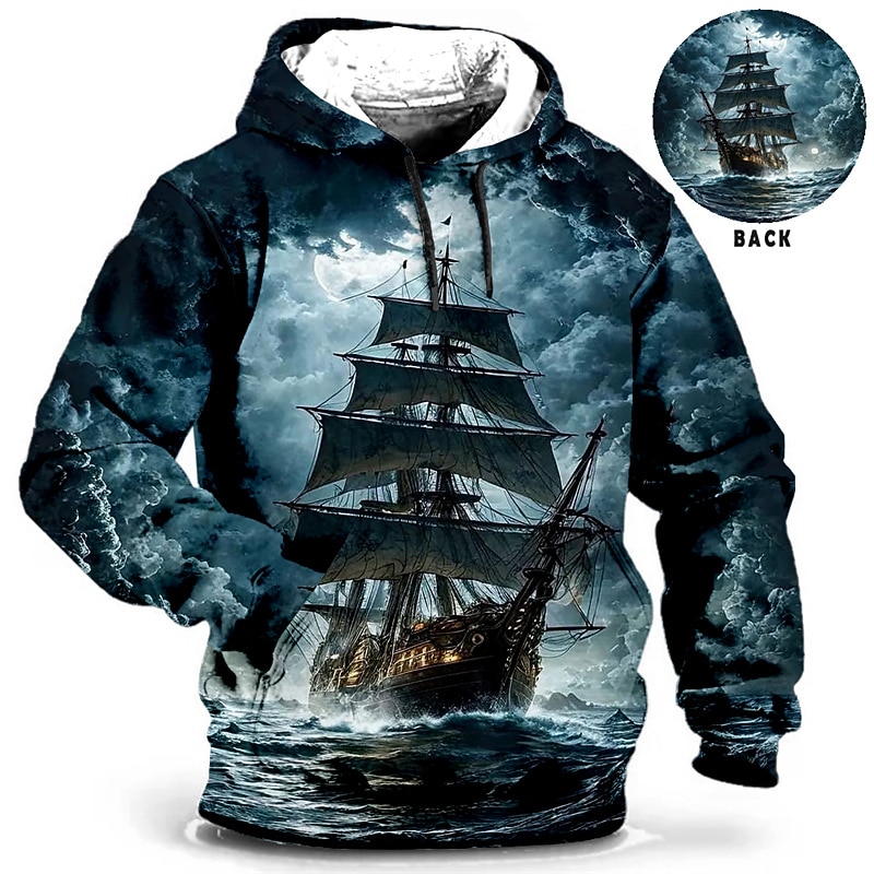Men's Ship Graphic Prints Hoodie Hoodies Sweatshirt Daily Classic Long Sleeve Hooded Holiday Going out Streetwear Blue Green Print Spring &  Fall Designer