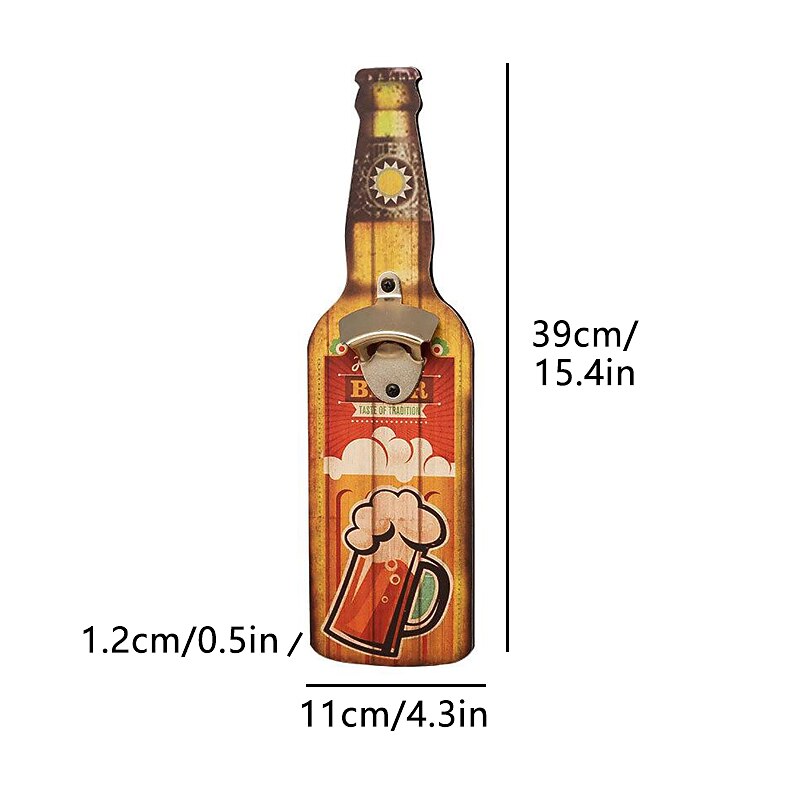 1pc Retro Wooden Bottle Opener Wall Mounted Hanging Beer Openers Bar Tools Alloy Electroplating Process Bar Cafe Wall Decoration 11x39cm/4.3''x15.4''2