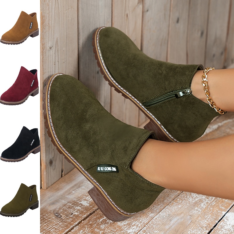 Women's Green Faux Suede Ankle Boots – Casual Side Zipper Flat Short Booties with Non-Slip Sole for Autumn Winter Daily Wear