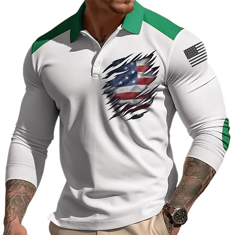 Men's American Flag Veterans Polo Shirts Golf Shirt Long Sleeve Polo Shirts Collared Shirts Casual Streetwear Vacation Wear Party Outfits 3D Print Buttons Yellow Blue Green3