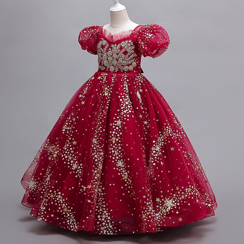 Kids Girls' Dress Party Dress Polka Dot Star Flower Short Sleeve Wedding Special Occasion Birthday Mesh Puff Sleeve Fashion Adorable Elegant Polyester Mesh Maxi Party Dress Swing Dress Floral3