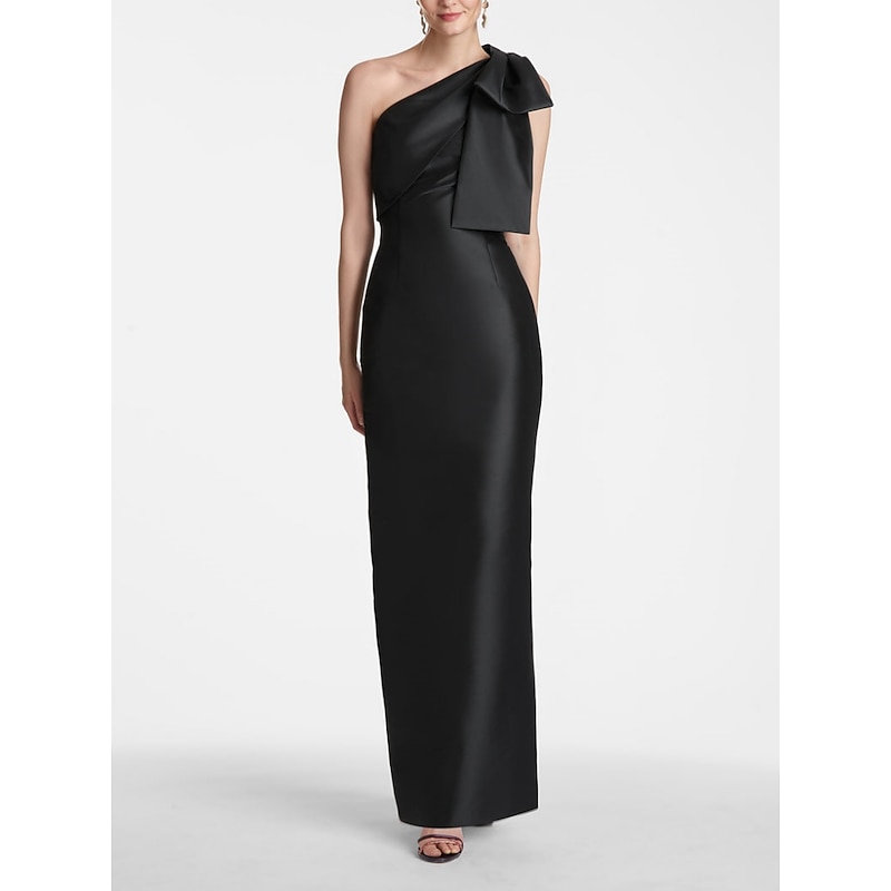 Mermaid Evening Gown Elegant Dress Formal Wedding Guest Ankle Length Sleeveless One Shoulder Satin with Bow(s) Slit Masquerade Dress