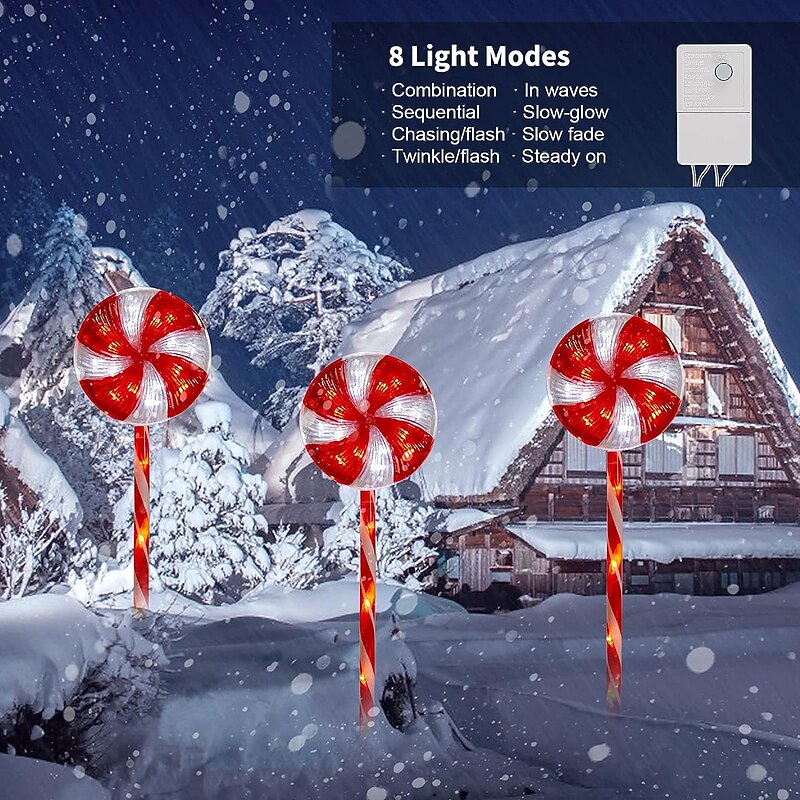 Christmas Solar Lollipop Pathway Lights 80LED 4-in-1 Outdoor 25in 8 Lighting Modes Lighted Peppermint Candy Cane Christmas Decorations Waterproof Plug in for Holiday Lawn Yard Patio Walkway4