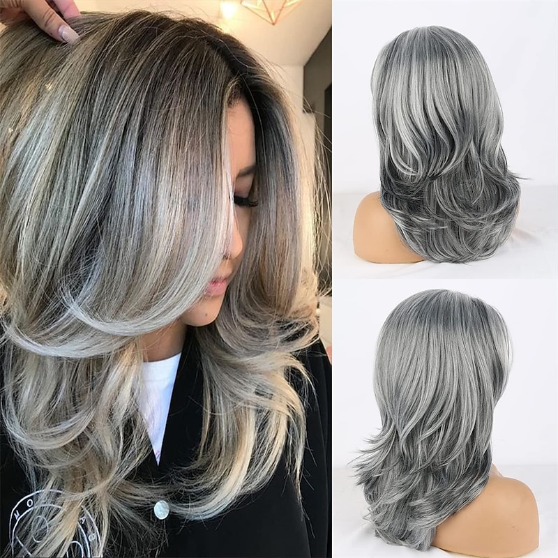 Long Layered Grey Wigs for Women Silver Wavy Wig Natural Looking Hair Replacement Wigs Synthetic Heat Resistant Hair Wig for Daily Party Use Christmas Party Wigs