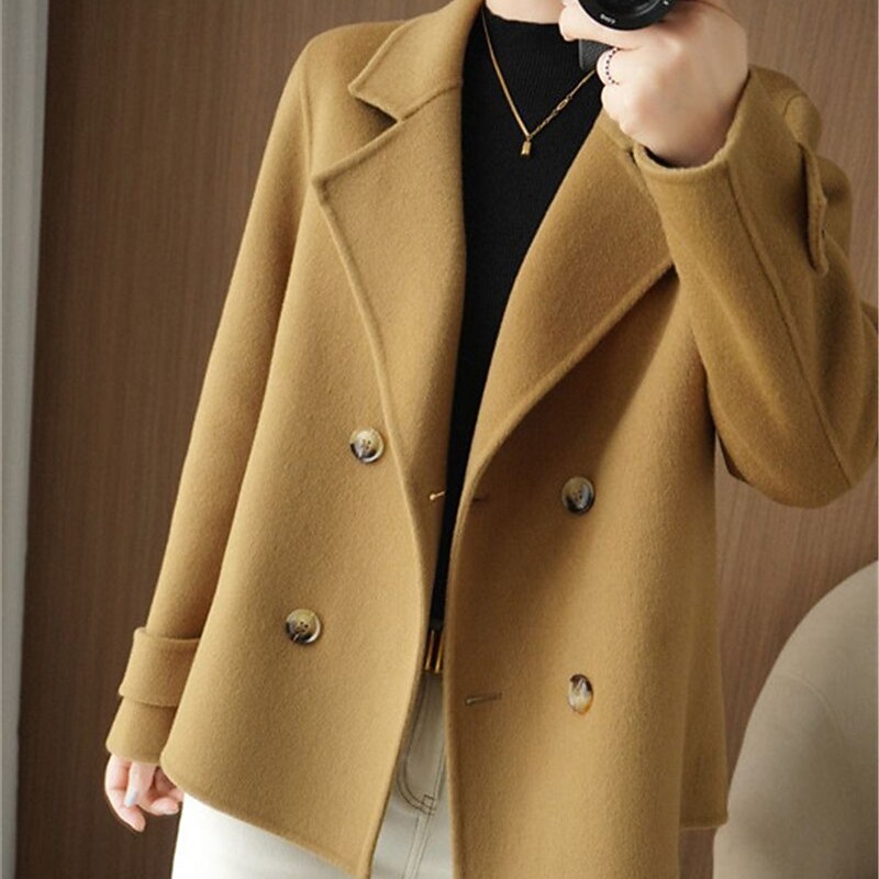 Women's Winter Blazer Coat Fall Double Breasted Lapel Jacket Wool Blend Short Coat with Pockets Warm Black White Camel2