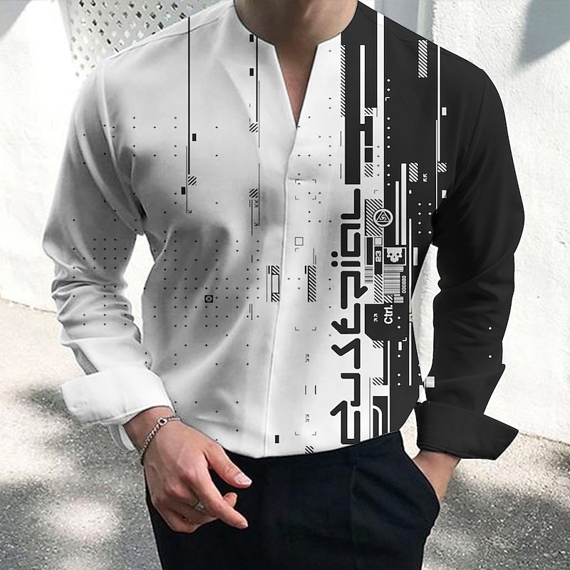 Men's Shirt Dress Shirt Geometric Pattern Outdoor Casual White Green Long Sleeve V Neck Summer Fall Clothing Apparel Print