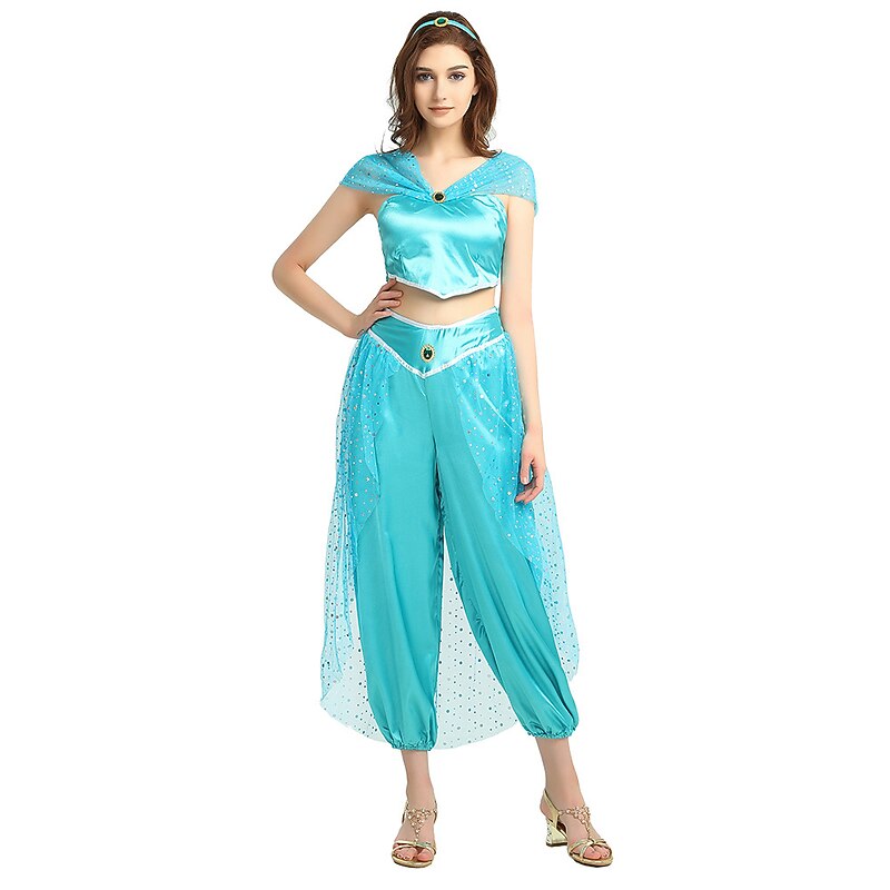 Couples Aladdin Princess Jasmine Halloween Group Couples Costumes Men's Women's Movie Cosplay Cosplay Blue Purple Top Pants Belt Halloween Carnival Masquerade4