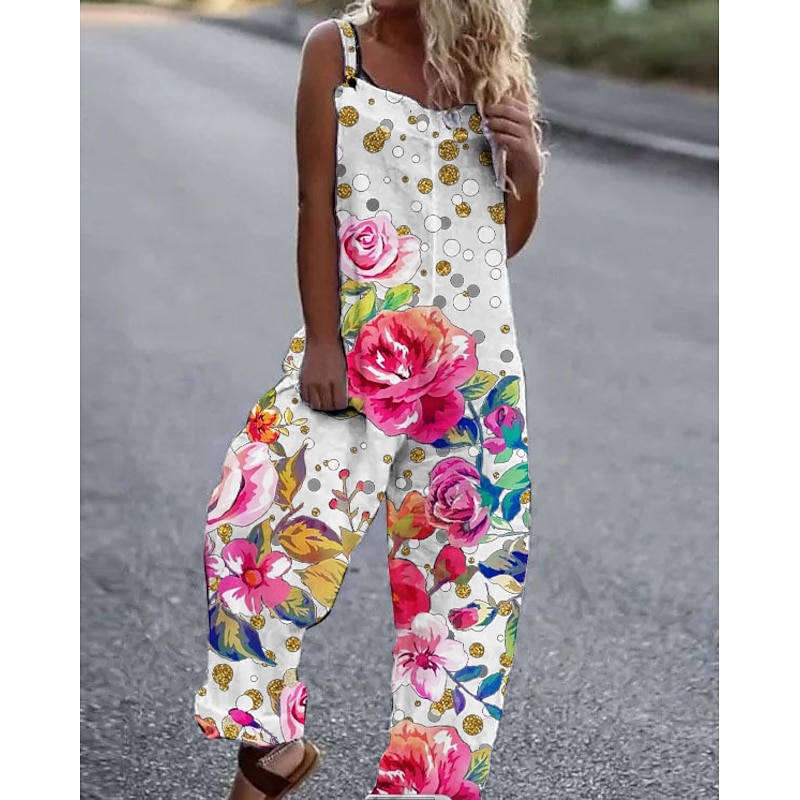 Women's Jumpsuit Button Print Floral Cold Shoulder Ordinary Street Going out Wide Leg Loose Fit Sleeveless Sleeveless Black White Yellow S M L Summer
