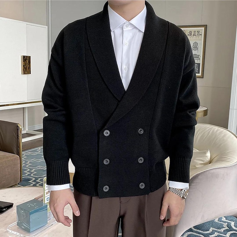Men's Cardigan Sweater Ribbed Knit Regular Knitted Plain Shawl Collar Warm Ups Modern Contemporary Daily Wear Going out Clothing Apparel Fall & Winter Black White M L XL
