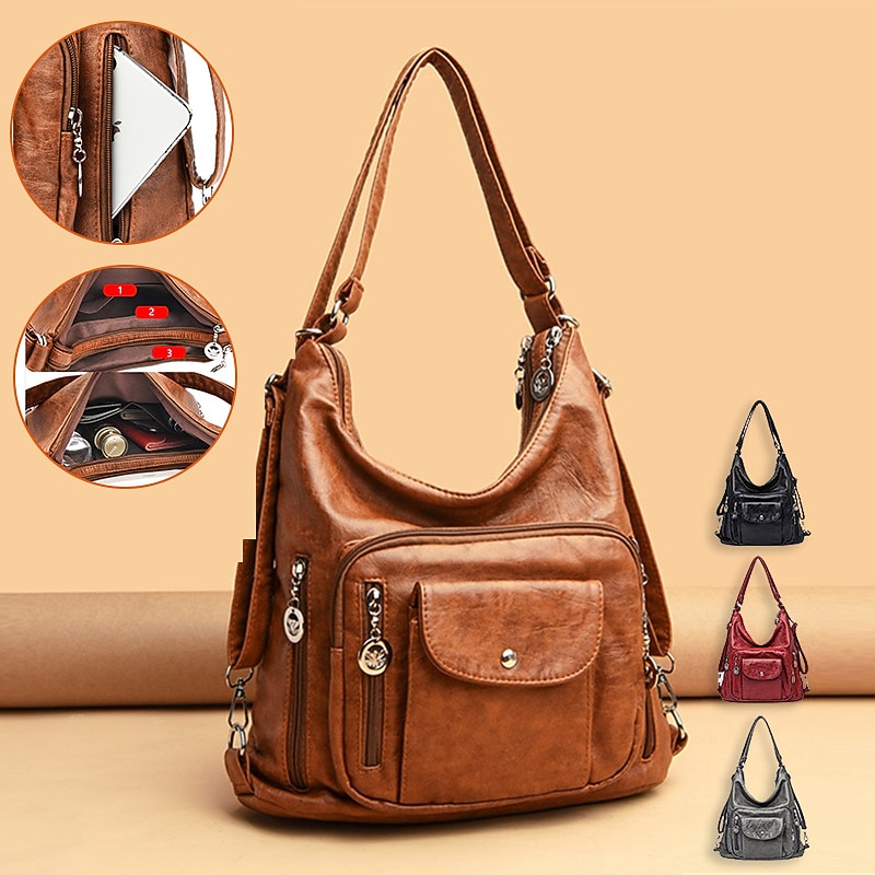 Women's Vintage-Style Brown Faux Leather Hobo Bag - Multi-Pocket Shoulder Bag for Everyday Use