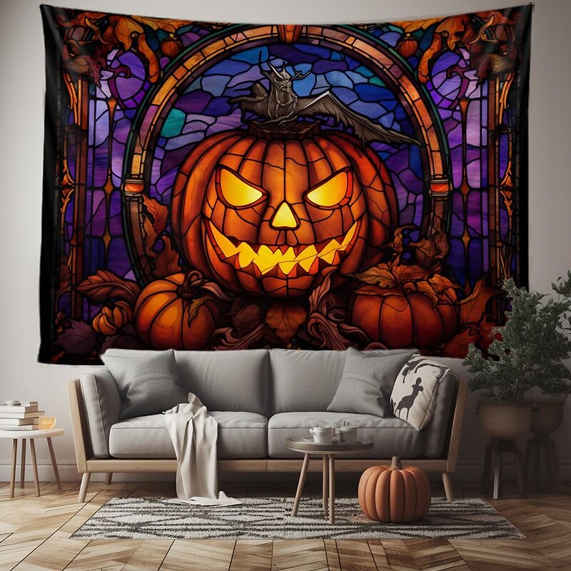 Halloween Decorations Tapestry Jack O Lantern Pumpkin Decor Wall Art Large Hanging Tapestry Mural Decor Photograph Backdrop Blanket Curtain Home Bedroom Living Room Stained Glass Bat2