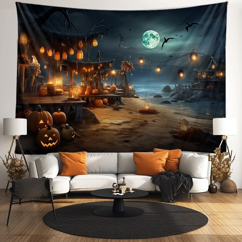 Halloween Decorations Tapestry Jack O Lantern Pumpkin Decor Wall Art Large Hanging Tapestry Mural Decor Photograph Backdrop Blanket Curtain Home Bedroom Living Room Bat Beach3