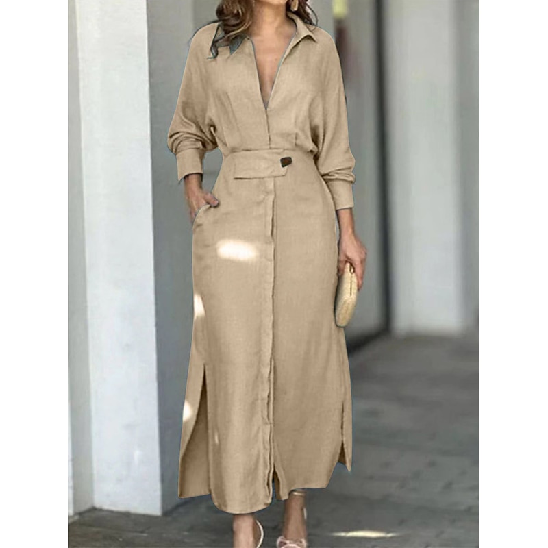 Women's Shirt Dress Long Dress Maxi Dress Pocket Split Daily Date Vacation Active Fashion Shirt Collar Long Sleeve Black White Pink Color