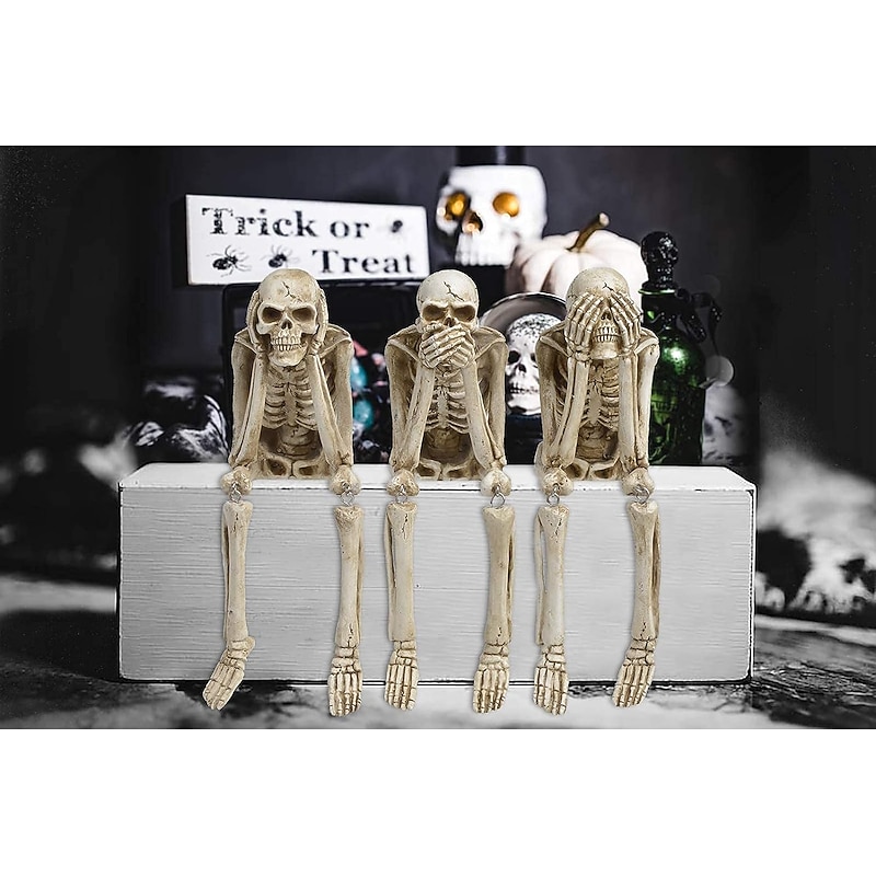 Halloween Skull Statues, Resin Skeleton Shelf Sitters, Sitting Figurines for Home Bookshelf and Table Edge, Decorative Crafts Ornaments for Skeleton Lovers3