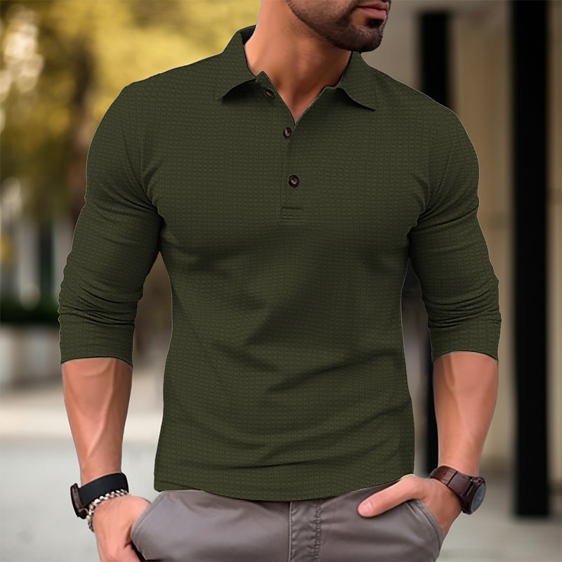 Men's Waffle Polo Shirt Button Up Polos Casual Sports Lapel Long Sleeve Fashion Basic Plain Button Spring &  Fall Regular Fit Army Green Orange Khaki Light Grey Waffle Polo Shirt4