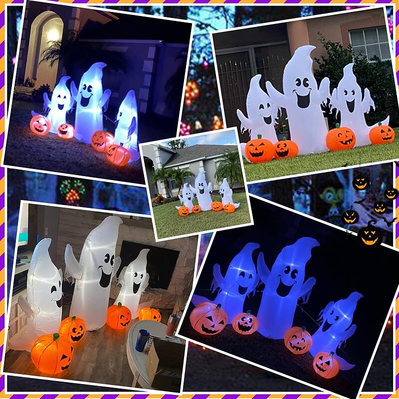 7FT Long Halloween Inflatable Lighted Ghosts and Pumpkins, 3 Ghosts Inflatables with Led Lights for Home Yard Lawn Indoor Halloween Outdoor Decoration3