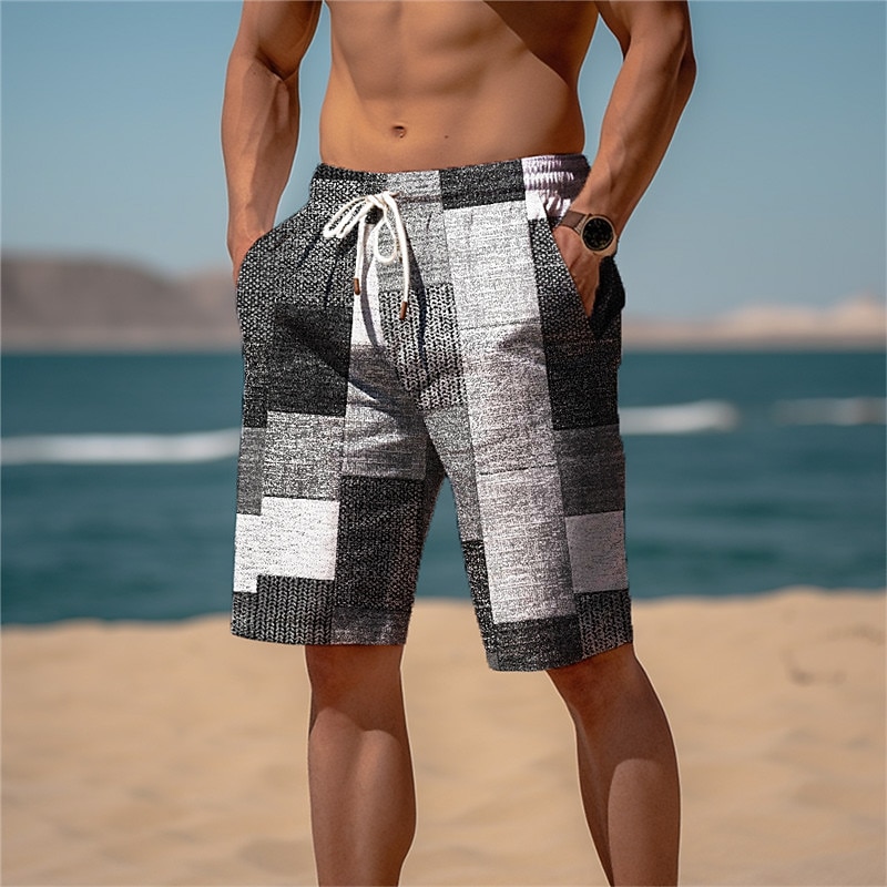Men's Color Block Plaid Checkered Patchwork Sweat Shorts Beach Shorts Terry Shorts Mid Waist Casual Athleisure Daily Holiday Streetwear Drawstring Elastic Waist 3D Print Designer Clothing Apparel3