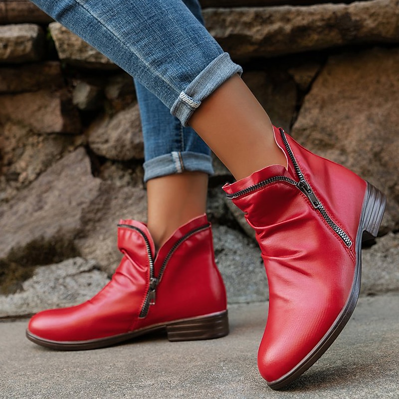 Women's Stylish Red Ankle Boots - Casual Zip-Up Faux Leather Booties for Everyday Wear2