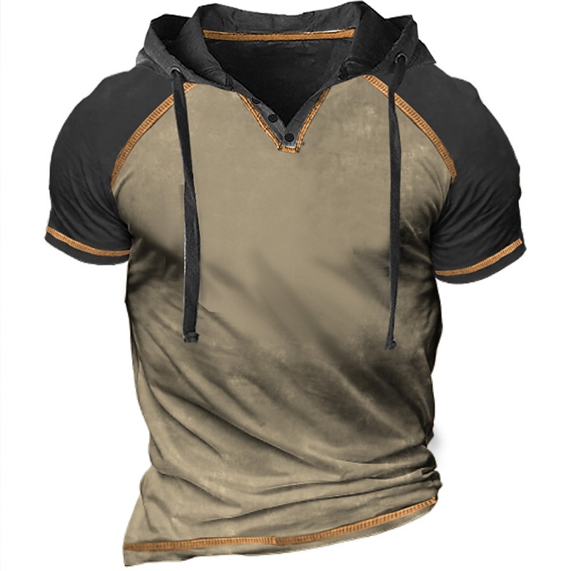 Men's T Shirt Tee Top Short Sleeves Hooded Summer Color Block Raglan Sleeve Fashion Designer Basic Patchwork Vacation Street Going out Blue Green Khaki Top Tee for Men