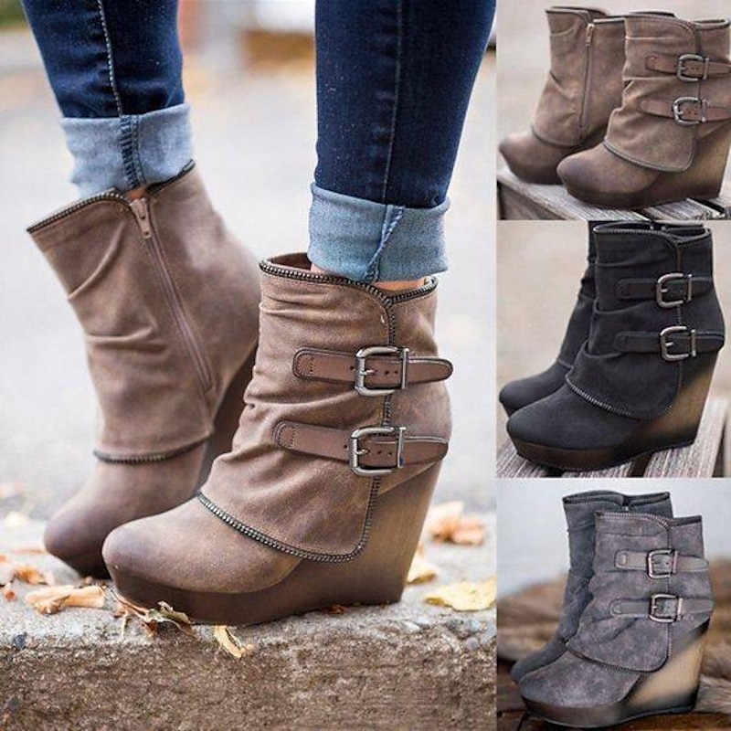 Women's Faux Suede Wedge Ankle Boots with Double Buckle and Side Zipper – Casual and Stylish Footwear4