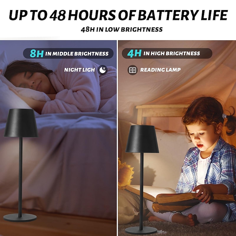 LED Cordless Table Lamp 6600mWh Rechargeable Battery Desk Lamp 3000K Stepless Dimming Night Light IP54 Waterproof Metal Outdoor Portable Lamp for Camping, Restaurant, Patio3