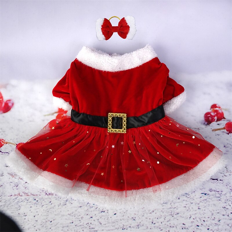 Christmas pet dog dress Holiday dress bow Red Christmas canary gauze dress4