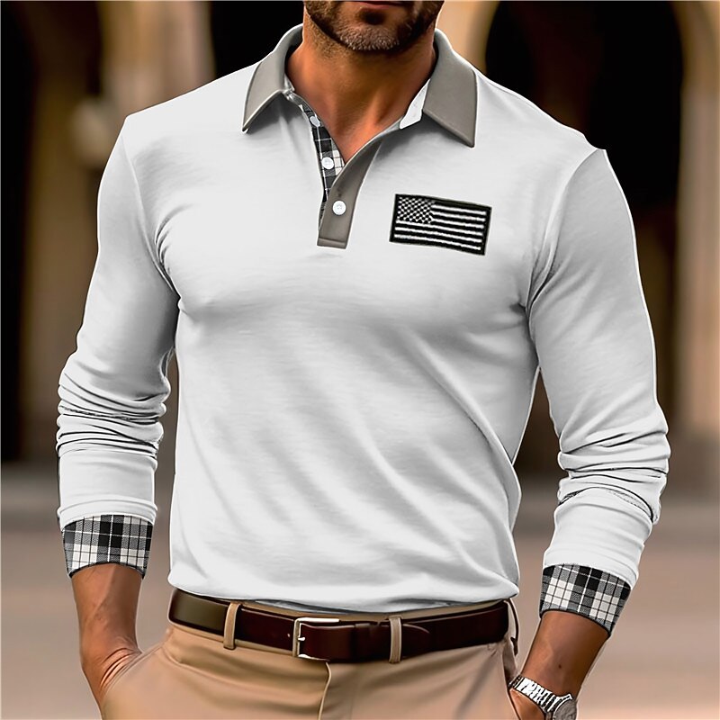 Men's Button Up Polos Polo Shirt Casual Sports Lapel Long Sleeve Fashion Basic Color Block National Flag Embroidered Button Spring &  Fall Regular Fit Black White Army Green Khaki Button Up Polos