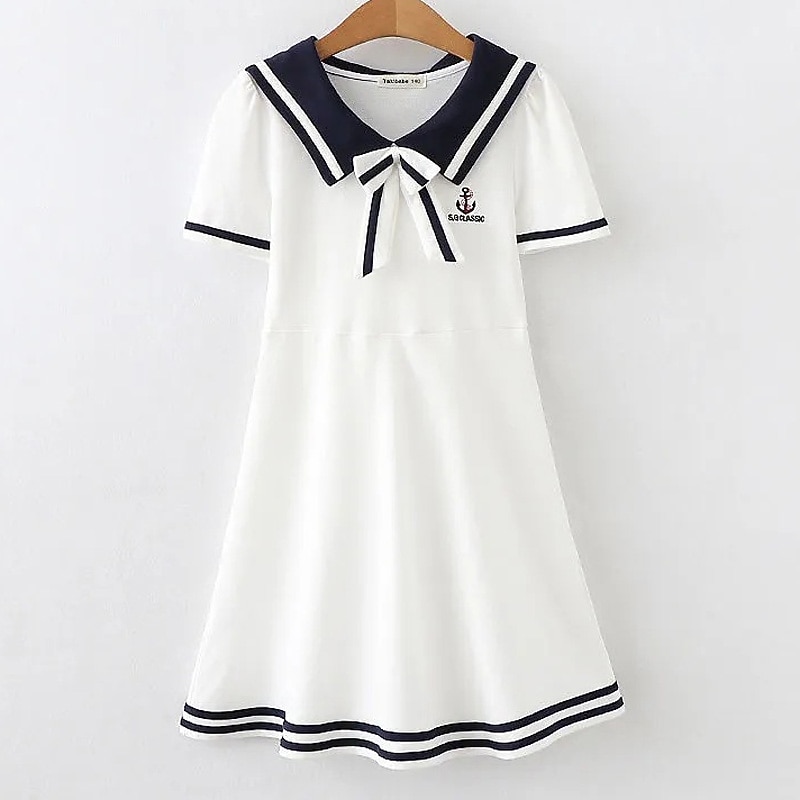 Kids Girls' Dress Stripe Letter Short Sleeve School Outdoor Casual Embroidered Fashion Daily Basic Cotton Knee-length Casual Dress A Line Dress Summer Dress Summer Spring 3-13 Years White Navy Blue3