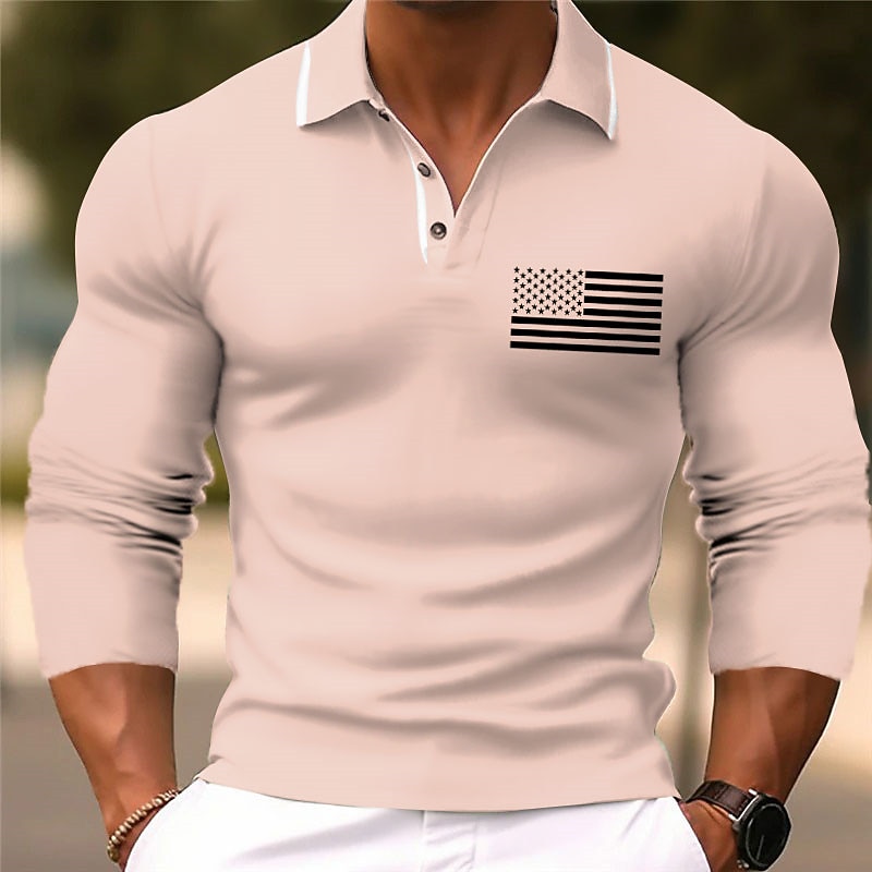 Men's American Flag Veterans Golf Shirt Long Sleeve Polo Shirts Collared Shirts Casual Vacation Wear Party Outfits 3D Print Buttons Fall & Winter Black Pink Green4