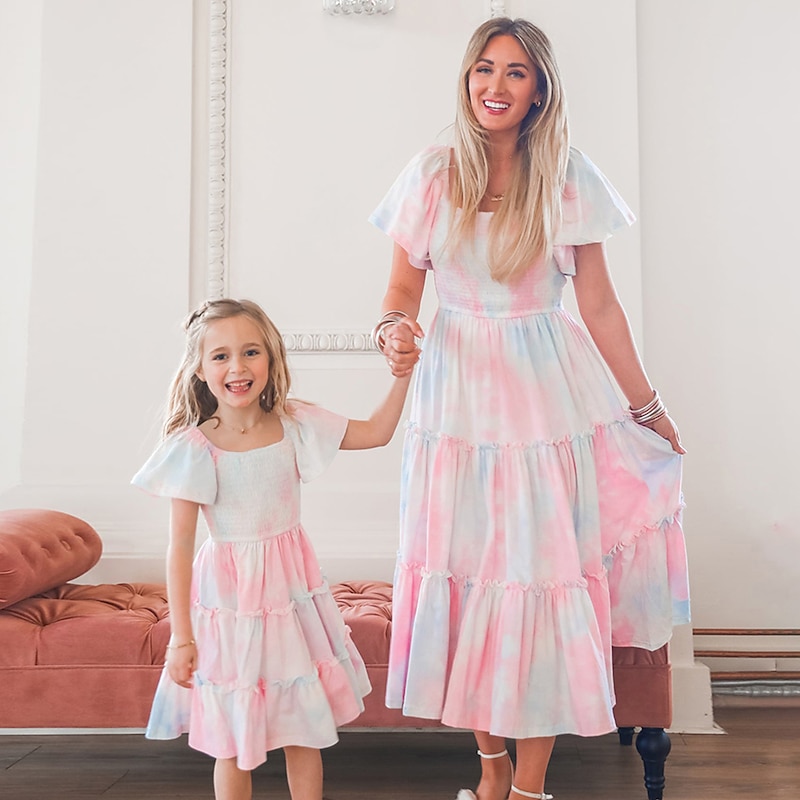 Mommy and Me Dresses Tie Dye Street Print Pink Short Sleeve Midi Mommy And Me Outfits Cute Matching Outfits