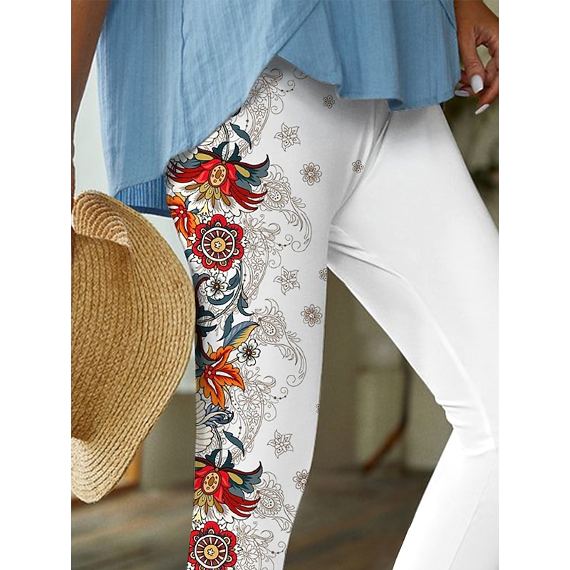 Women's Normal Tights Leggings Cozy Leggings Designer Casual Ankle-Length High Rise Pattern Elastic Waist Print Breathability Comfortable High Elasticity Casual Daily Wear White Spring, Fall, Winter3