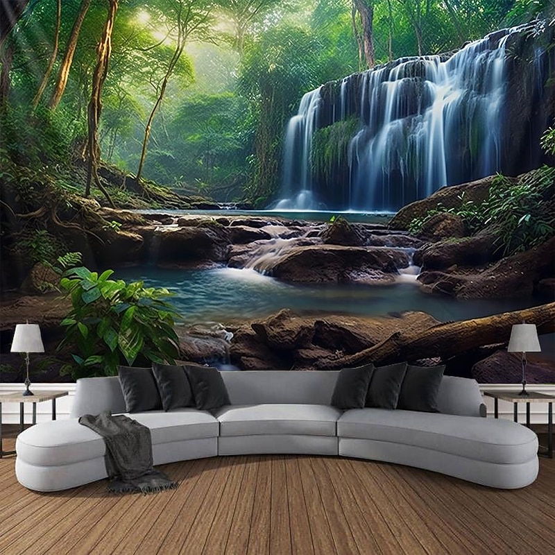 Forest Waterfall Hanging Tapestry Wall Art Large Tapestry Mural Decor Photograph Backdrop Blanket Curtain Home Bedroom Living Room Decoration4