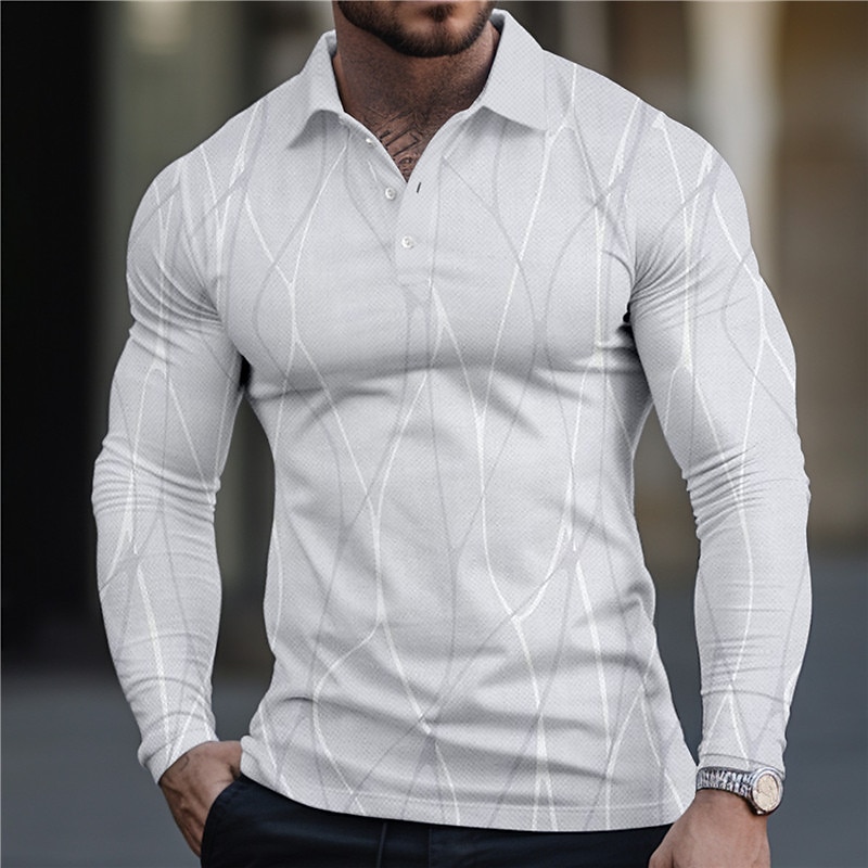 Men's Geometric Polo Shirts Golf Shirt Long Sleeve Polo Shirts Collared Shirts Business Casual WorkWear Formal Wear Festival Wear 3D Print Buttons Fall & Winter Black White Navy Blue2