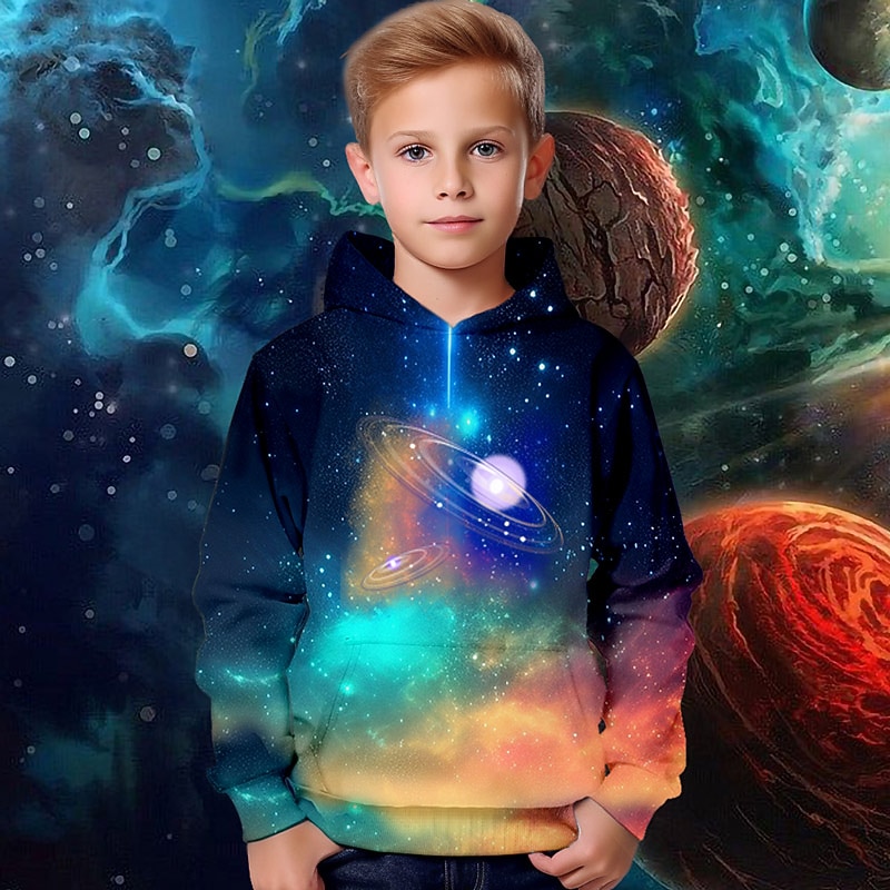 Boys 3D Graphic Galaxy Space Hoodie Long Sleeve 3D Print Spring Fall Winter Fashion Streetwear Cool Kids 3-12 Years Outdoor Casual Daily Regular Fit3